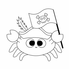 Cute cartoon Crab Pirate. Draw illustration in black and white