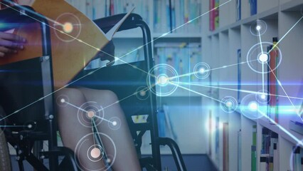 Animation of network of connections over disabled caucasian schoolgirl learning in library - Powered by Adobe