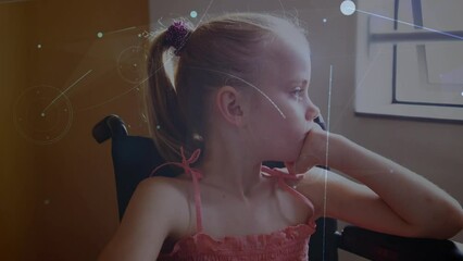 Animation of network of connections over sad disabled caucasian schoolgirl - Powered by Adobe