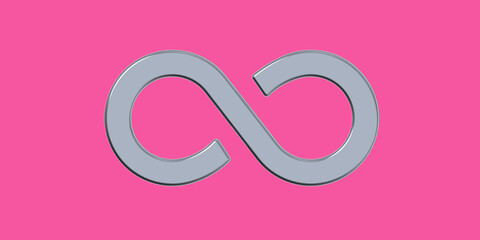 The sign of infinity is silver, isolated on a purpur background. Symbol of infinity. Banner for insertion into site. Horizontal image. 3D image. 3D rendering.