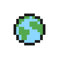 Obraz premium Planet Earth icon in pixel art design isolated on white background, worldwide vector sign symbol