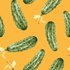 seamless pattern of green cucumbers on a yellow background, watercolor illustration.	
