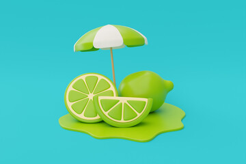 Slice of lemon with beach umbrella isolate on blue background, summer fruits, 3d rendering.