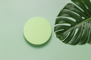 Green product presentation summer podium with monstera leaf top view