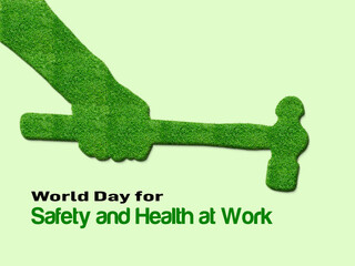 April 28th- World Day for Safety and Health at Work concept. 3D hand hold hammer symbol of labor work. Safety and Health at coronavirus outbreak. Green environment for everyone.
