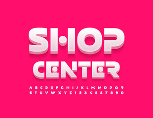 Vector stylish sign Shop Center. Unique White 3D Font. Modern creative Alphabet Letters and Numbers set