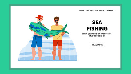 sea fishing vector. boat ocean, deep sport, saltwater rod sea fishing character. people flat cartoon illustration