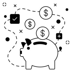 cost saving strategy Concept, Piggy bank with flying coin vector icon design, business corporation symbol, Joint partnership Sign, Sale and Marketing management stock illustration