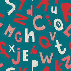 Print. Blue red seamless font background. English alphabet. Pattern with letters. Paper, fabric.	
