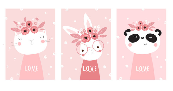 Print. Vector set of kids posters with animals. Posters for girls. Children's room decor. cute kitty, cartoon rabbit, cute panda