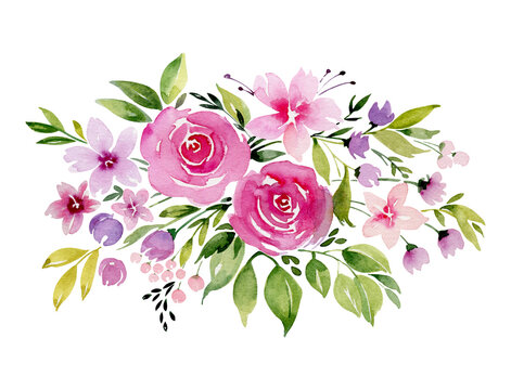 Pink and lilac roses, small flowers and buds, bouquet for greeting card, invitation, poster, wedding decoration. Watercolor illustration  isolated on white.