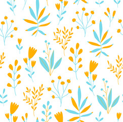 Naklejka na ściany i meble Print. Seamless botanical background of delicate wildflowers. Field plants, berries. Floral pattern. Fabric, paper. Wallpaper.