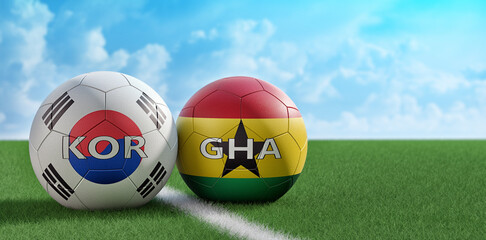 South Korea vs. Ghana Soccer match - Soccer balls in South Korea and Ghana national colors. 3D Rendering 