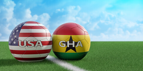 USA vs. Ghana Soccer match - Soccer balls in USA and Ghana national colors. 3D Rendering 