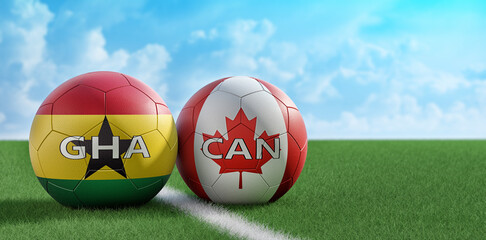 Canada vs. Ghana Soccer match - Soccer balls in Canada and Ghana national colors. 3D Rendering 