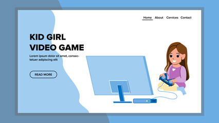 kid girl video game vector. child play home, computer gamer kid girl video game character. people flat cartoon illustration