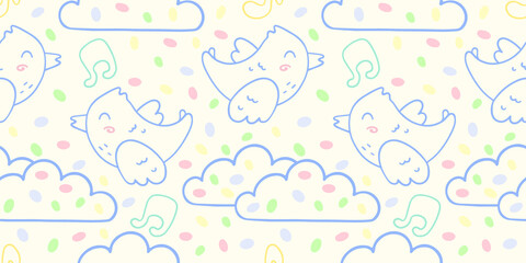 Children s pattern with a bird and clouds, vector seamless pattern in the style of doodles, hand-drawn