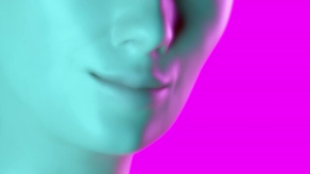 Woman metaverse avatar looks at camera and smile - close up of 3d generated young female on pink and blue color background