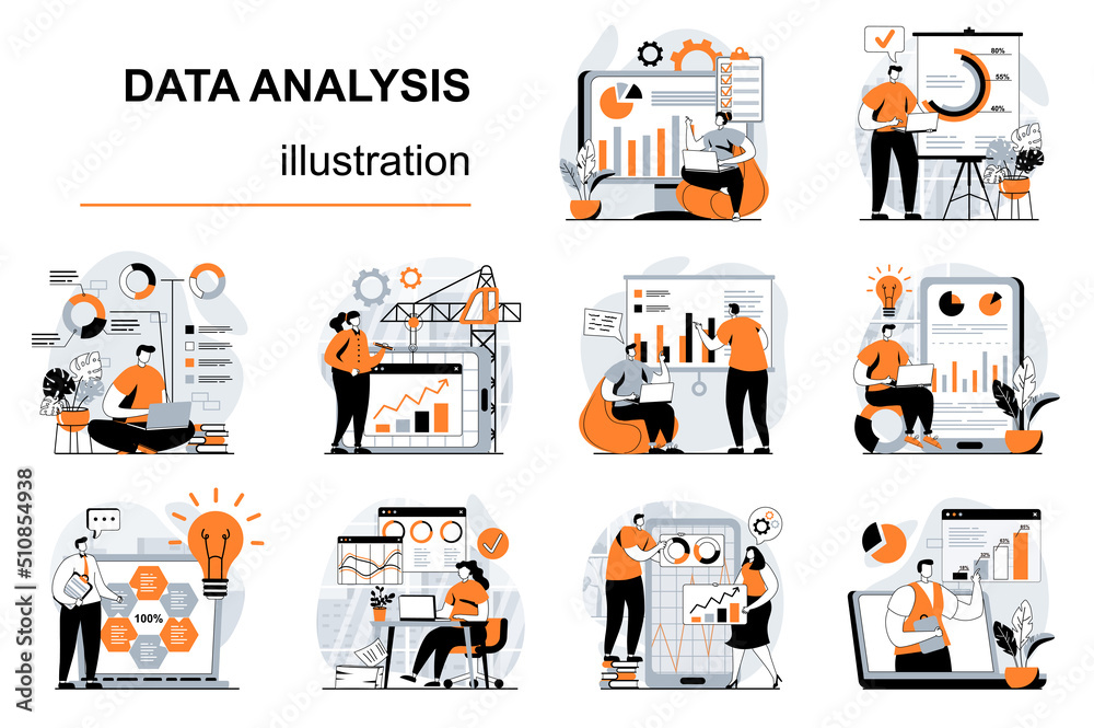 Poster data analysis concept with people scenes set in flat design. women and men working with charts, maki