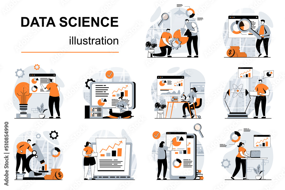 Poster Data science concept with people scenes set in flat design. Women and men analyzing information, scientist working with databases at graphs. Vector illustration visual stories collection for web