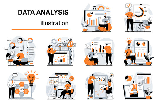 Data analysis concept with people scenes set in flat design. Women and men working with charts, making marketing research or financial reports. Vector illustration visual stories collection for web