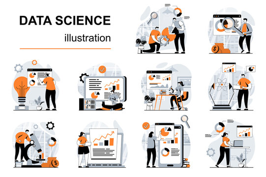 Data science concept with people scenes set in flat design. Women and men analyzing information, scientist working with databases at graphs. Vector illustration visual stories collection for web