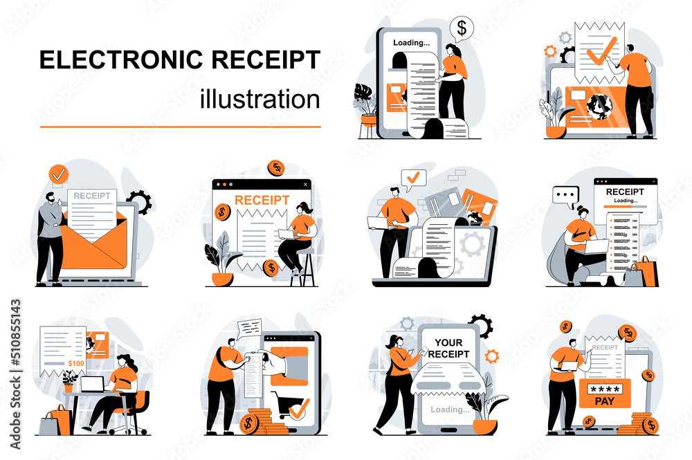 Poster electronic receipt concept with people scenes set in flat design. women and men pay invoice online, 