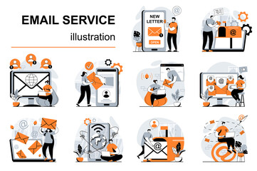 Email service concept with people scenes set in flat design. Women and men writing letter, chatting and sending messages. Online correspondence. Vector illustration visual stories collection for web