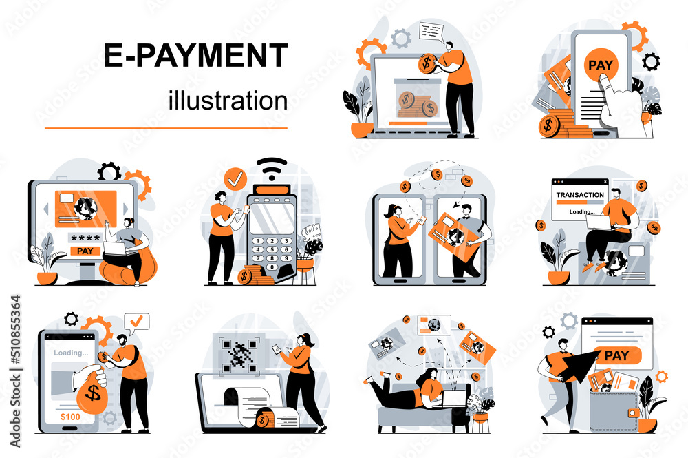 Leinwandbilder e-payment concept with people scenes set in flat design. women and men paying with credit card using