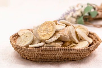homemade dry banana slice chip prepare serve snack.