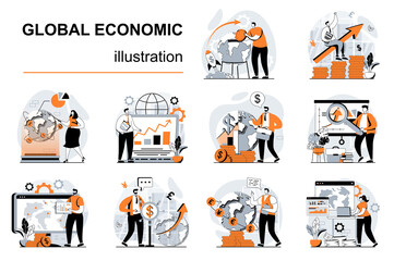 Global economic concept with people scenes set in flat design. Women and men researching market trends and developing international business. Vector illustration visual stories collection for web - obrazy, fototapety, plakaty