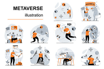 Fototapeta Metaverse concept with people scenes set in flat design. Women and men in VR glasses interacting with augmented reality for games, learning, work. Vector illustration visual stories collection for web obraz