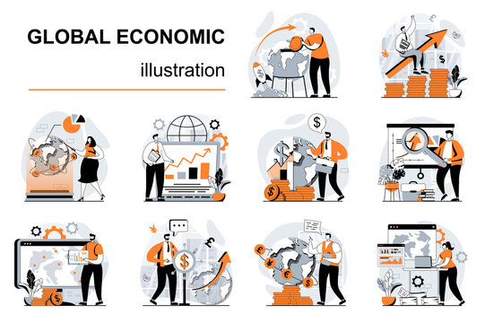 Global economic concept with people scenes set in flat design. Women and men researching market trends and developing international business. Vector illustration visual stories collection for web