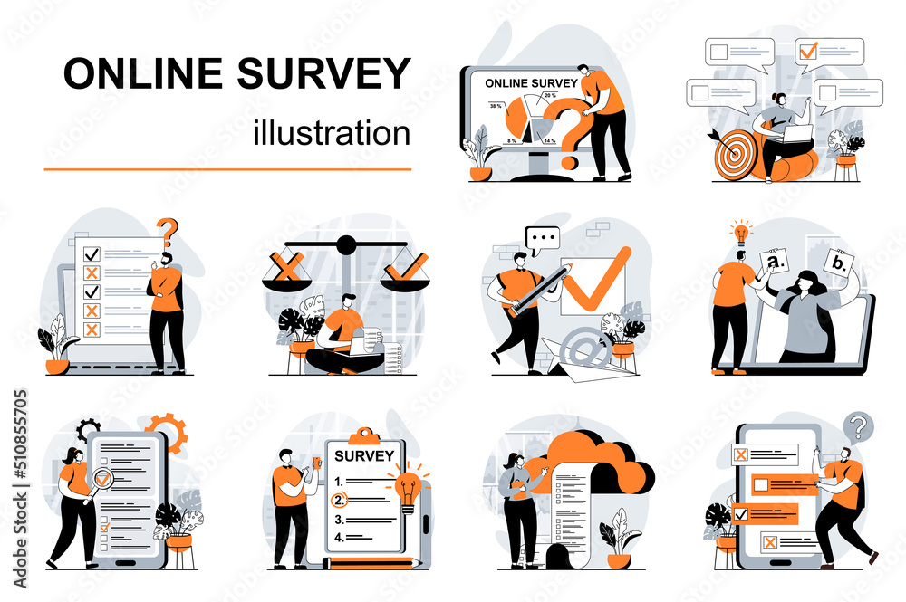 Poster online survey concept with people scenes set in flat design. women and men filling questionnaire or 