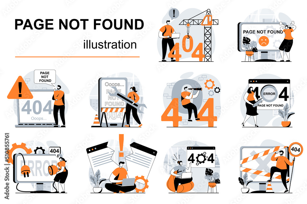 Poster Page not found concept with people scenes set in flat design. Women and men having problems with Internet connection and 404 error on website. Vector illustration visual stories collection for web