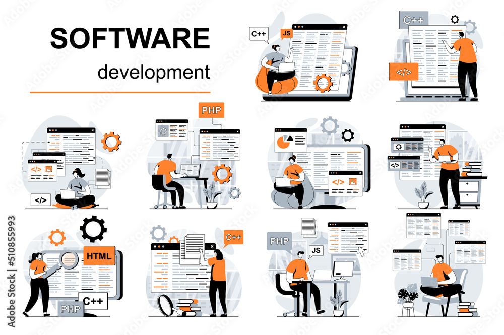 Poster Software development concept with people scenes set in flat design. Women and men creating apps and programing, testing code, work in IT industry. Vector illustration visual stories collection for web