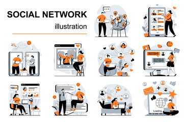 Social network concept with people scenes set in flat design. Women and men chatting in messenger, communicates online, posting photos and news. Vector illustration visual stories collection for web