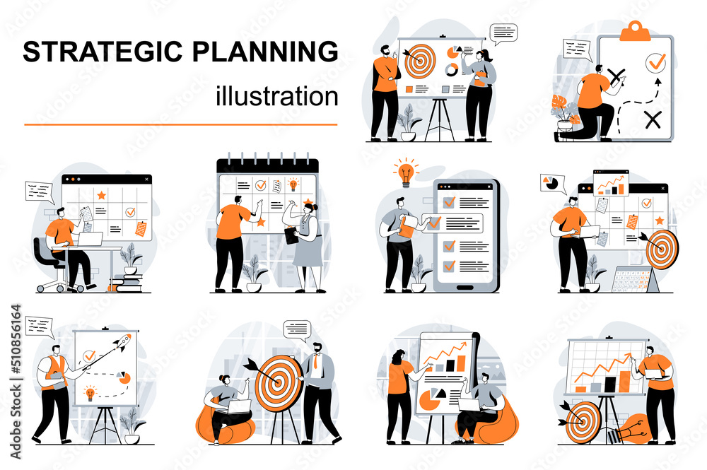 Poster strategic planning concept with people scenes set in flat design. women and men create plan, generat