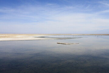 Salt lagunas and volcanos and red rocks southern from San Pedro de Atacama. Stunning scenery at Atacama desert, Chile, South America