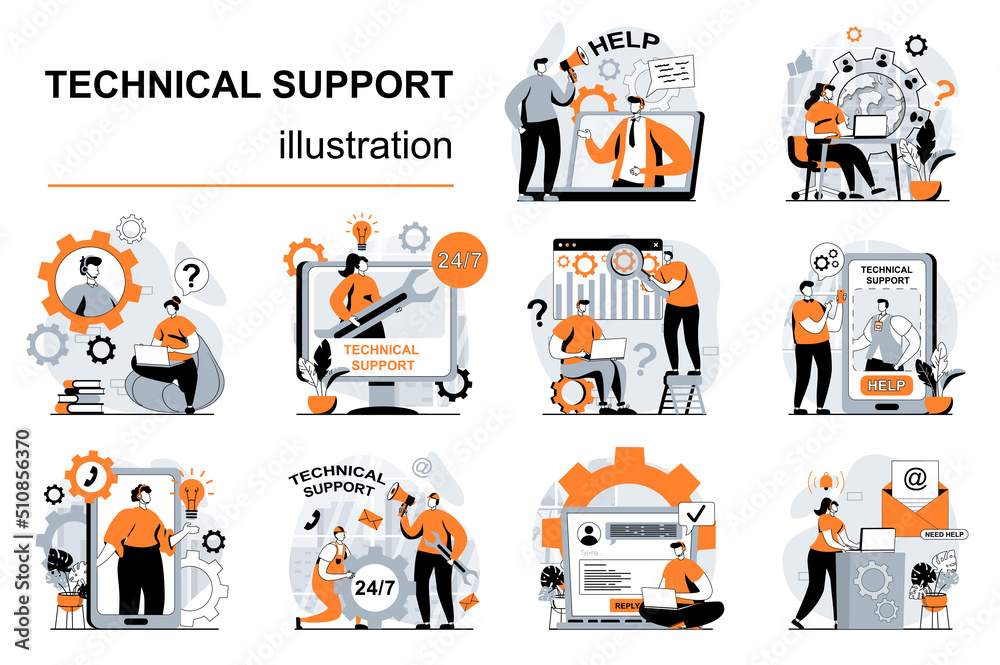 Poster Technical support concept with people scenes set in flat design. Women and men consult clients and solve tech problems. Online customer service. Vector illustration visual stories collection for web