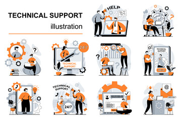 Technical support concept with people scenes set in flat design. Women and men consult clients and solve tech problems. Online customer service. Vector illustration visual stories collection for web