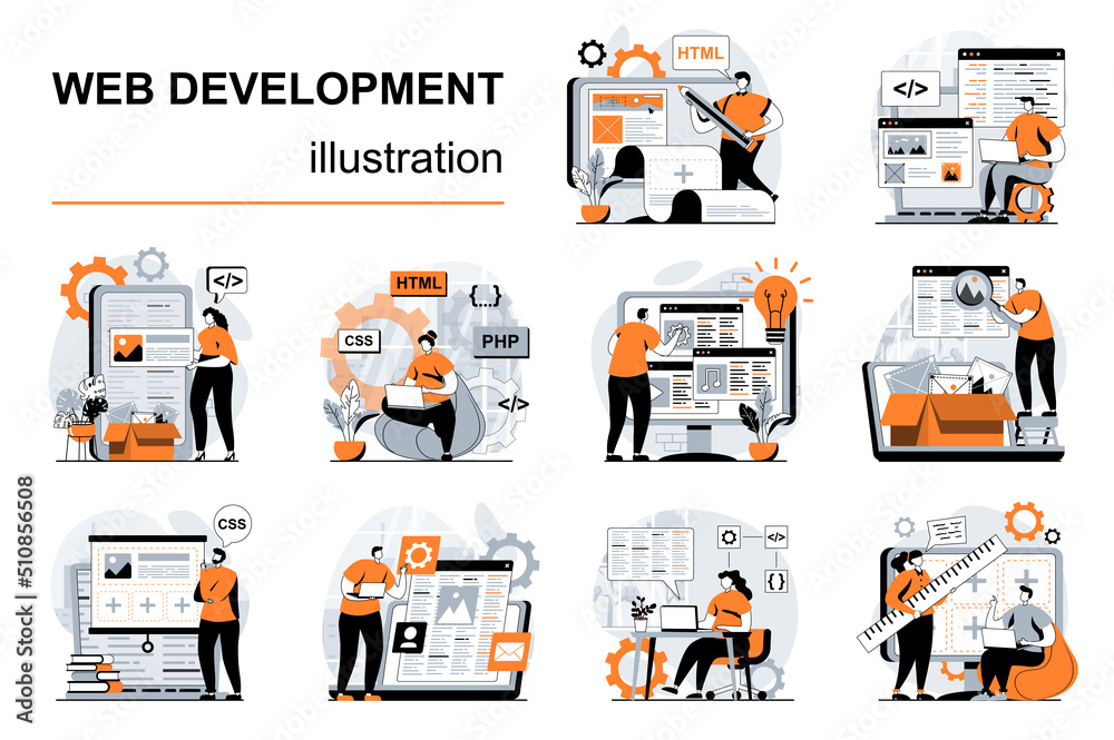 Fototapete Web development concept with people scenes set in flat design. Women and men create wireframe of site, programming, coding, making user interface. Vector illustration visual stories collection for web