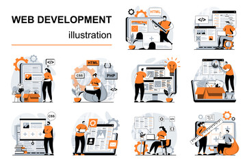 Web development concept with people scenes set in flat design. Women and men create wireframe of site, programming, coding, making user interface. Vector illustration visual stories collection for web