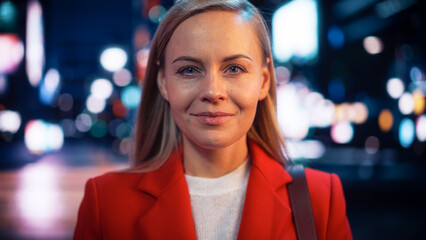Close Up Portrait of Beautiful Caucasian Woman Smiling, Looking at Camera, Standing in Night City...
