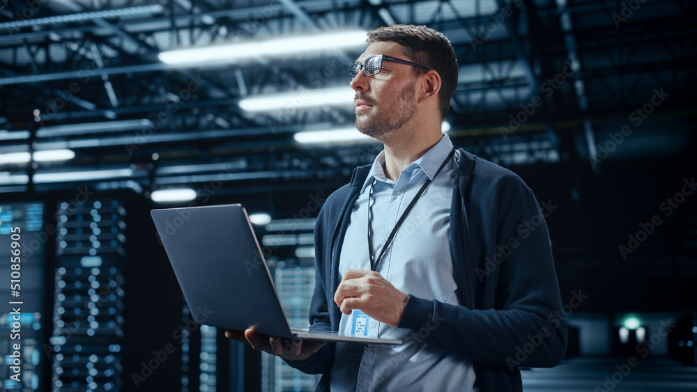 Aufkleber Successful Data Center IT Specialist Using Laptop Computer. Server Farm Cloud Computing Facility with System Administrator Working. Data Protection Engineering Network for Cyber Security.