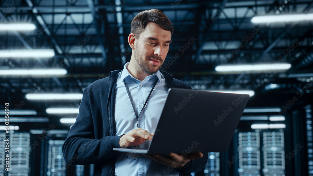 Aufkleber Successful Data Center IT Specialist Using Laptop Computer. Server Farm Cloud Computing Facility with System Administrator Working. Data Protection Engineering Network for Cyber Security.