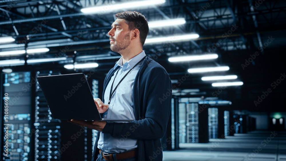 Aufkleber Successful Data Center IT Specialist Using Laptop Computer. Server Farm Cloud Computing Facility with System Administrator Working. Data Protection Engineering Network for Cyber Security.
