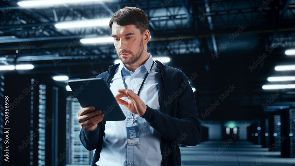 Poster Successful Data Center IT Specialist Using Tablet Computer. Server Farm Cloud Computing Facility with System Administrator Working. Data Protection Engineering Network for Cyber Security.