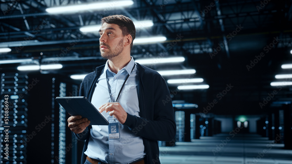 Poster Successful Data Center IT Specialist Using Tablet Computer. Server Farm Cloud Computing Facility with System Administrator Working. Data Protection Engineering Network for Cyber Security.