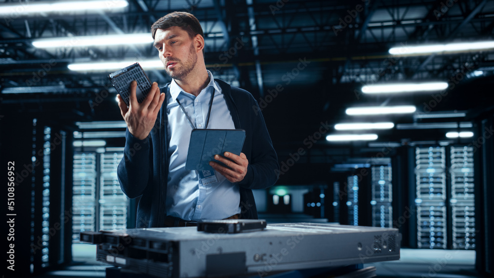 Poster Successful Data Center IT Specialist Using Tablet Computer. Server Farm Cloud Computing Facility with System Administrator Working. Data Protection Engineering Network for Cyber Security.